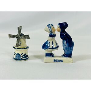 Blue Delft Holland Kissing Couple Windmill Hand Painted Figurine Unmarked